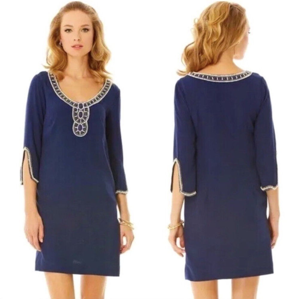 Lilly Pulitzer Navy Blue Beaded Sarah Tunic Sheath Dress Size XS